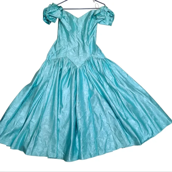 Elegant Aqua Off-Shoulder Gown, Vintage, Made In USA, Union Tag, 80's - Picture 1 of 16